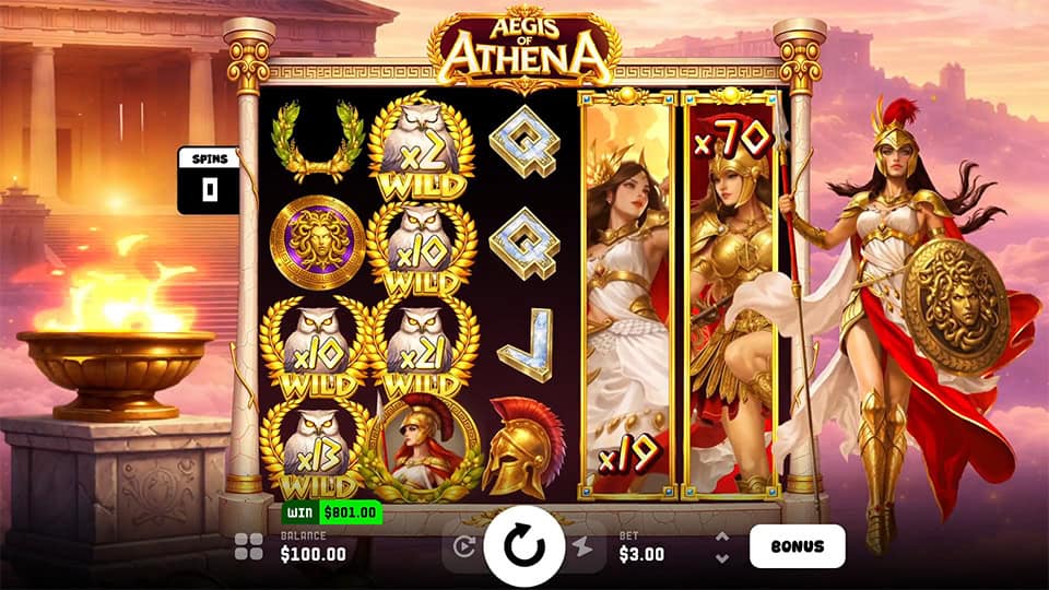 Gameplay showing Athena character reels combined with multiple Wild multipliers like x10, x13, and x21 for massive combo potential.