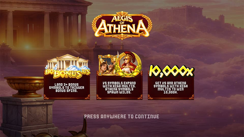 Feature breakdown showing bonus triggers, expanding VS symbols, Athena Wilds, and a potential max win of 10,000x.