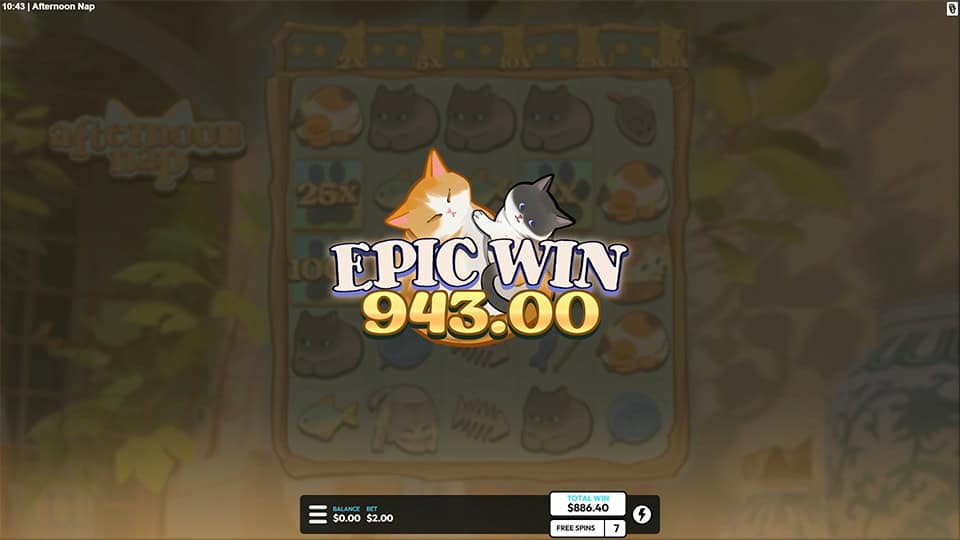 Epic Win screen in Afternoon Nap slot with two cats nuzzling and large golden text celebrating a big win.