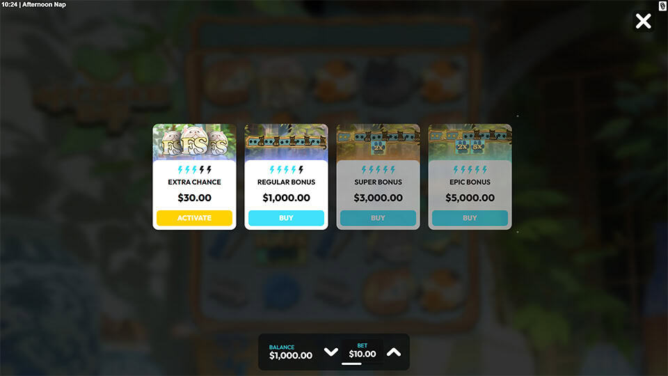 Bonus buy menu in Afternoon Nap slot offering Extra Chance, Regular Bonus, Super Bonus, and Epic Bonus purchase options.