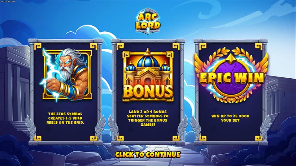 Feature panel explaining Zeus wild reels, bonus symbols, and potential to win up to 25,000x your bet.