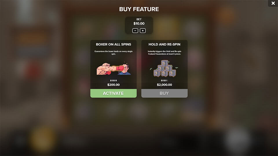 Bonus buy menu in Bank Basher slot offering &ldquo;Boxer on All Spins&rdquo; and &ldquo;Hold and Re-Spin&rdquo; options for enhanced gameplay.