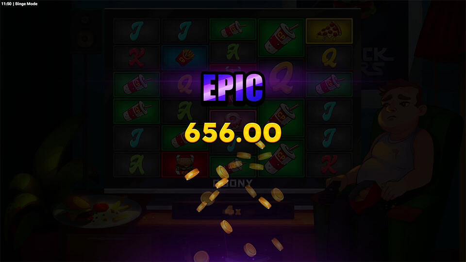 Big win screen in Binge Mode slot showing the word "EPIC" above the win amount with gold coins falling across the darkened reels.