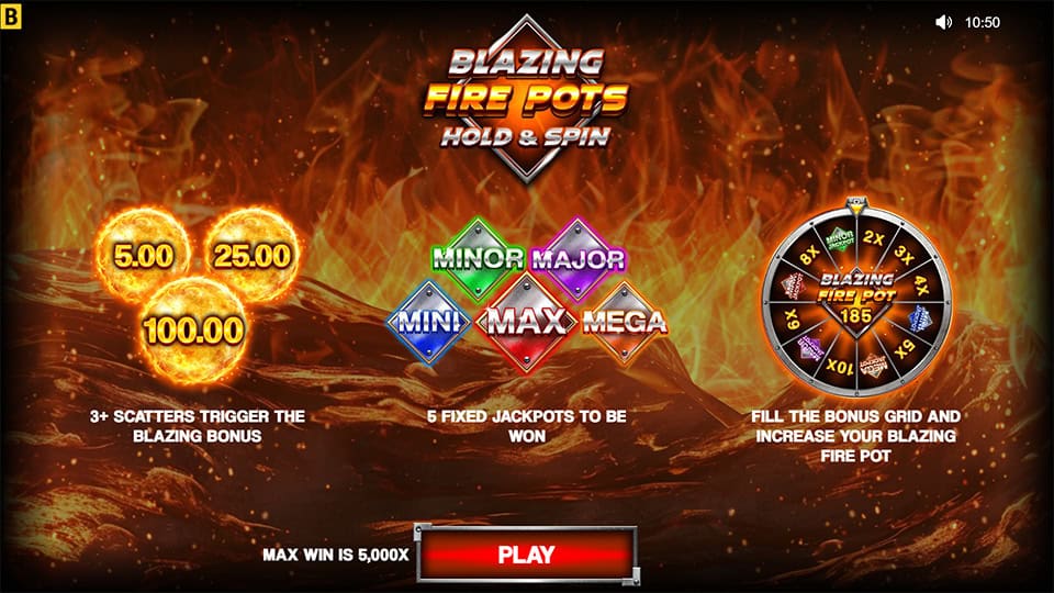 Blazing Fire Pots Hold Win slot intro screen 1