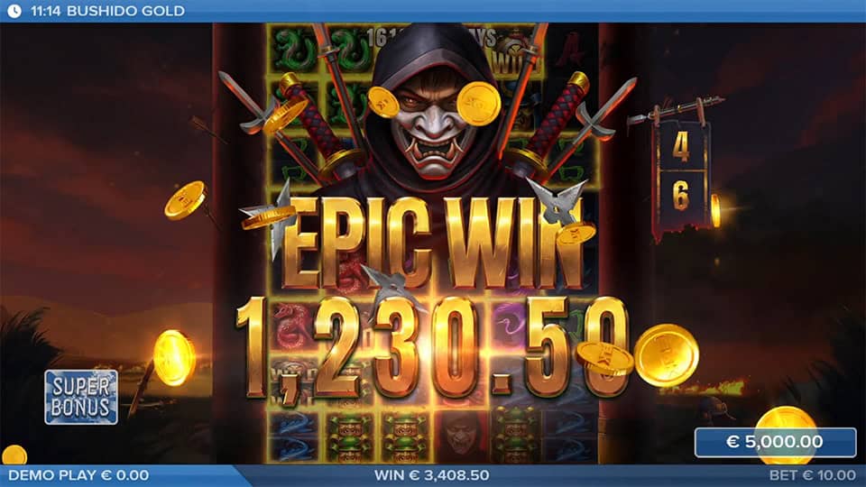 Dark reels explode in golden light as a masked ninja appears with &ldquo;EPIC WIN&rdquo; text and golden coins flying across the screen.