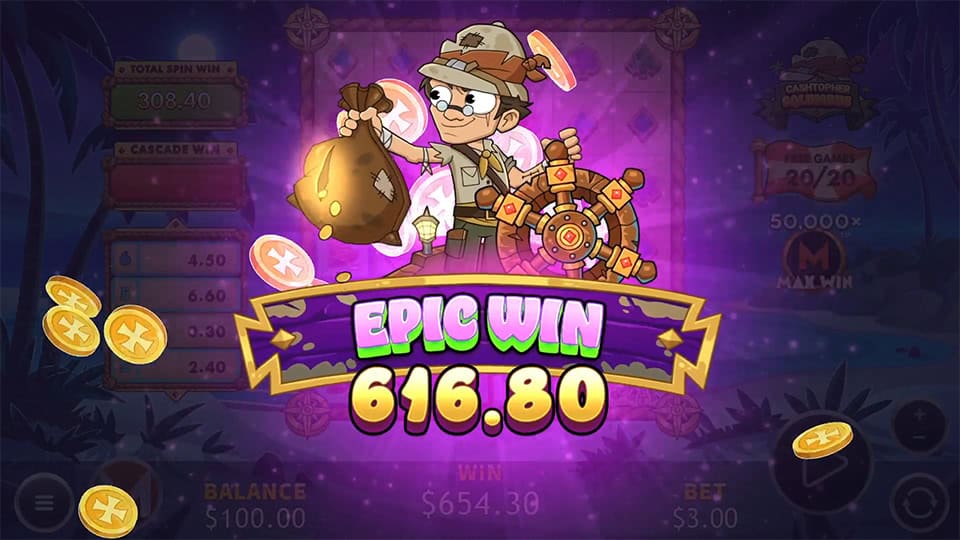 Cartoon explorer holding a gold-stuffed bag with &ldquo;EPIC WIN&rdquo; text glowing above, surrounded by spinning coins and a purple burst.