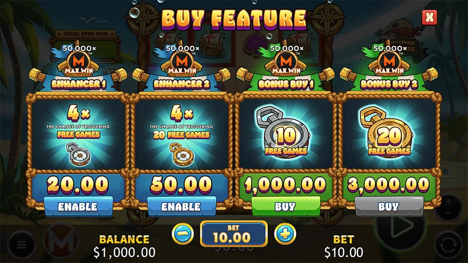 Bonus buy menu showing multiple options for free spins and enhancers, with a &ldquo;Max Win 50,000x&rdquo; banner above and bright buttons below.