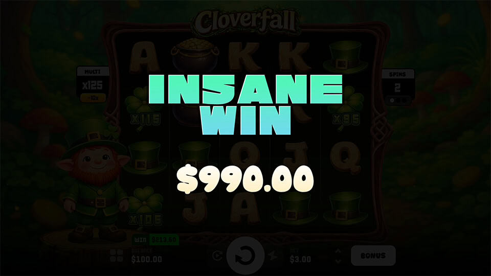 Insane Win screen in Cloverfall slot with bold mint-green text and blurred background showing a large multiplier win.