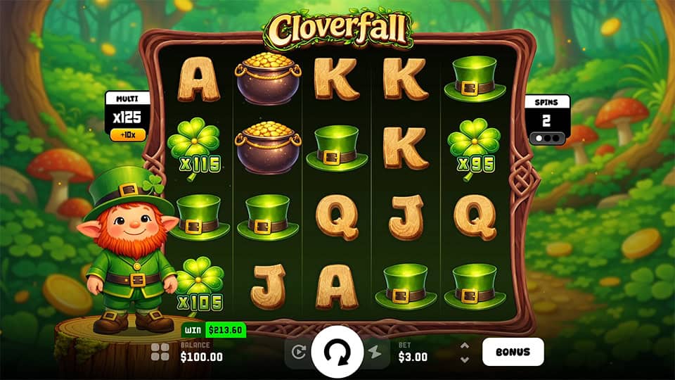 Gameplay moment in Cloverfall slot showing multiple wild clover bundles with multipliers like x115 and x95 active on reels.