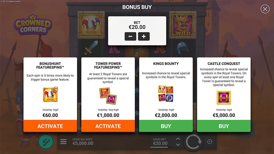 Bonus Buy menu displaying Bonus Hunt Free Spins, Tower Power, Kings Bounty and Castle Conquest with activate and buy buttons.