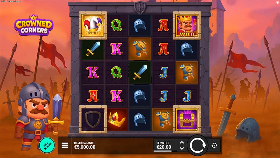 Main grid with medieval symbols like swords, helmets, crowns and card letters, framed by castle walls and a royal guard.