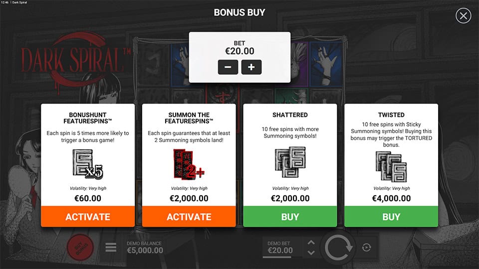 Bonus buy menu offering FeatureSpins and themed bonuses like “Twisted” and “Shattered,” each with increased summoning chances and extreme volatility.