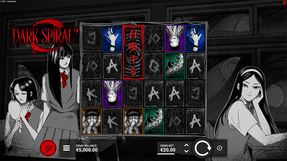 Main game grid featuring eerie horror elements like severed hands, worms, and stitched mouths, surrounded by sketch-style schoolgirls in black and white.