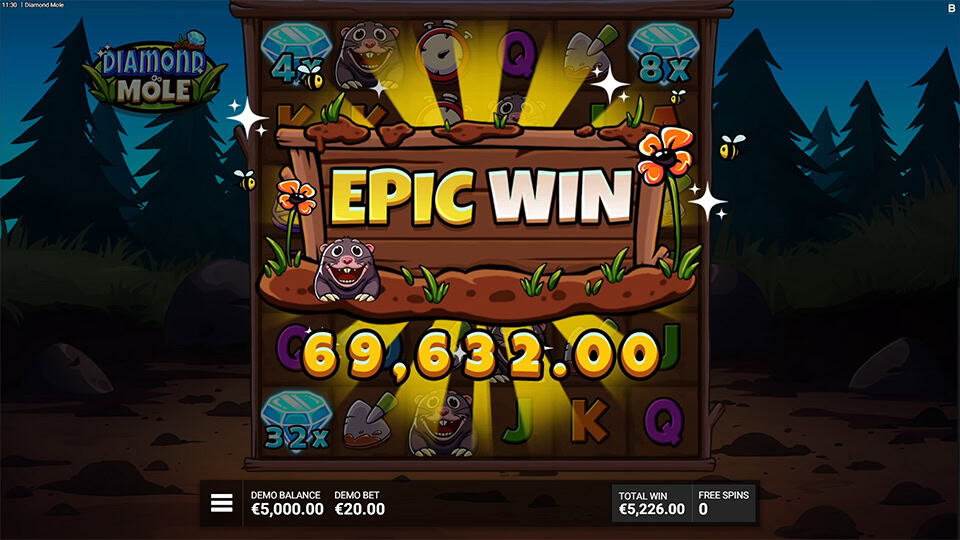 EPIC WIN screen in Diamond Mole slot with bright wooden sign flashing the win text, mole character, and diamond multipliers in the background.