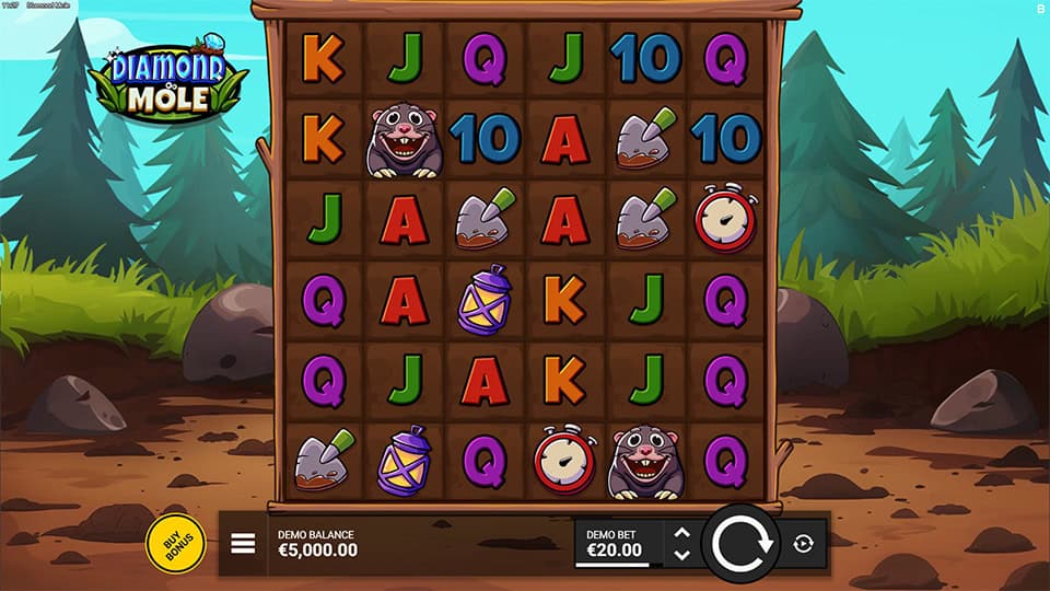 Core gameplay screen of Diamond Mole slot showing grid layout with mole, shovel, and lantern symbols set in a forest clearing.
