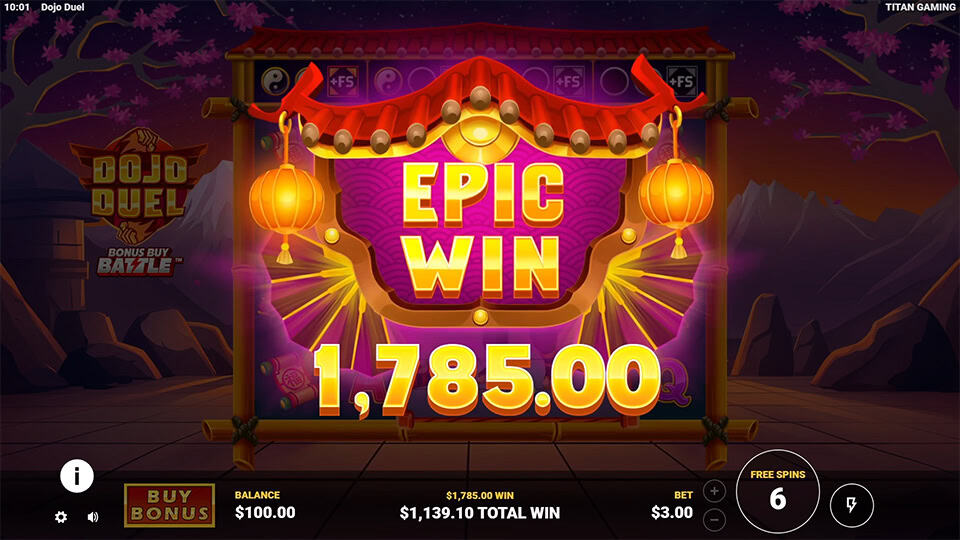 Epic Win screen in Dojo Duel with glowing text and golden lanterns on a red banner inside the dojo frame.