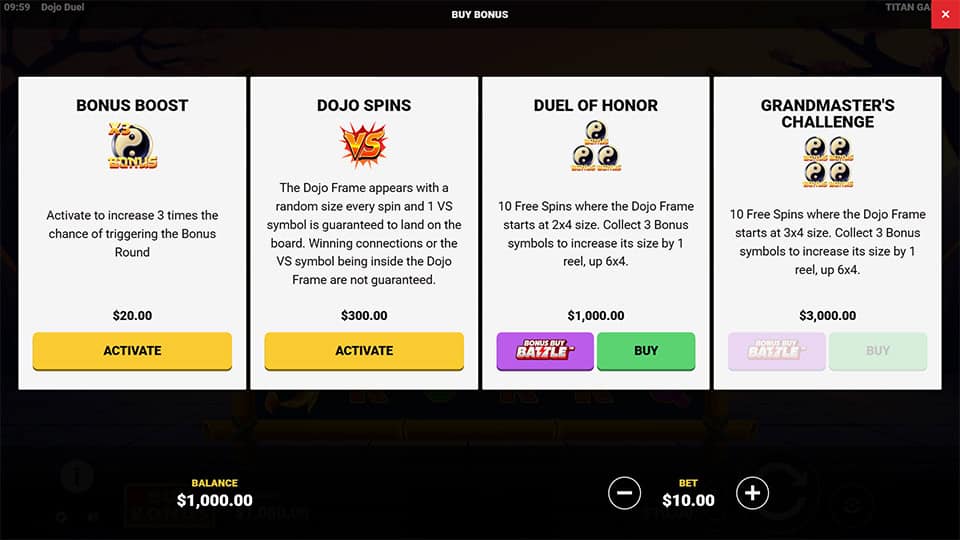 Bonus buy menu in Dojo Duel offering modes like Bonus Boost, Dojo Spins, Duel of Honor, and Grandmaster&rsquo;s Challenge.