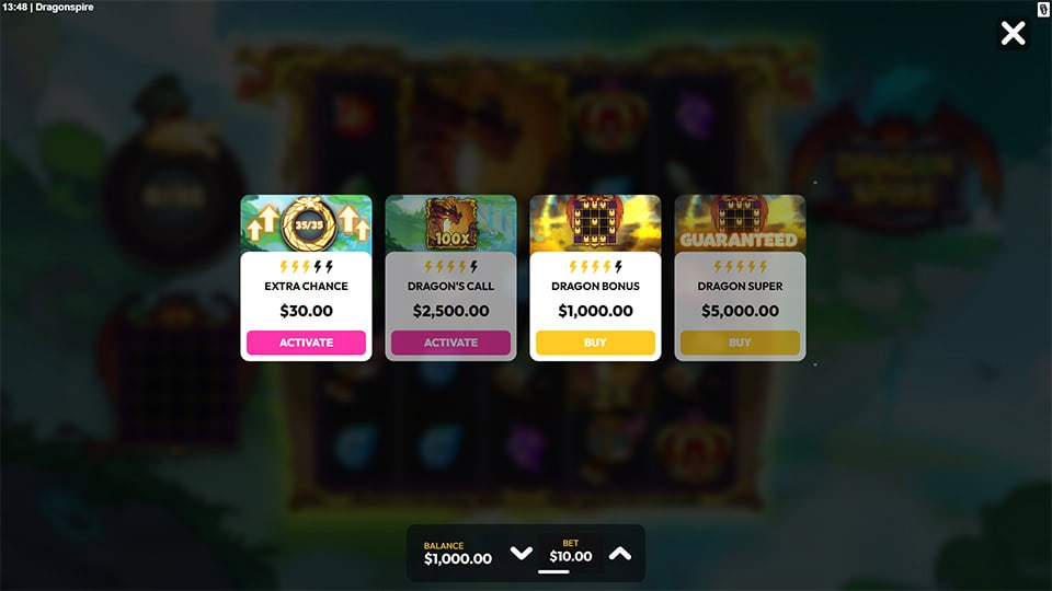 Bonus buy menu in Dragonspire slot offering Extra Chance, Dragon's Call, Dragon Bonus, and Dragon Super options with increasing volatility tiers.