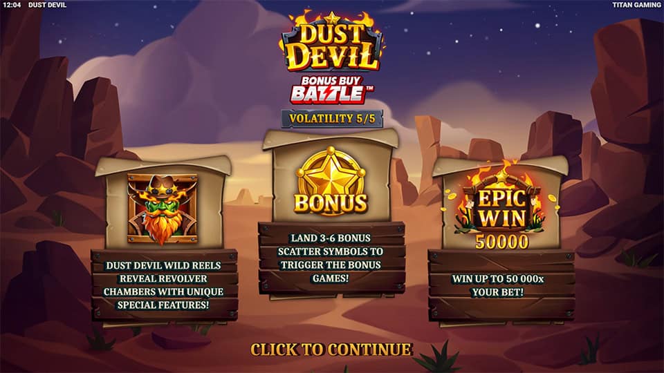 Intro panel for Dust Devil slot showcasing Wild Reels, Bonus Scatters, and a max win potential of 50,000x with high volatility.