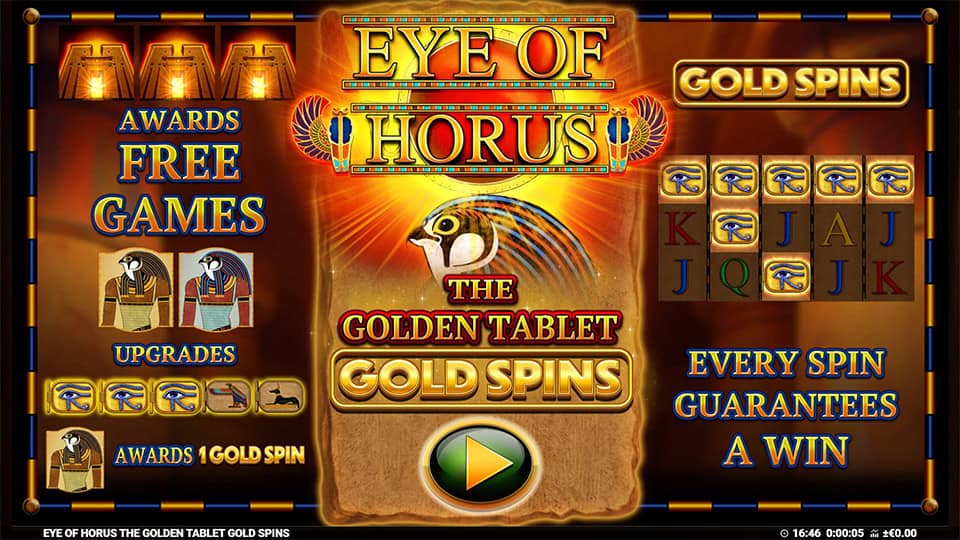 Eye of Horus The Golden Tablet Gold Spins slot intro screen
