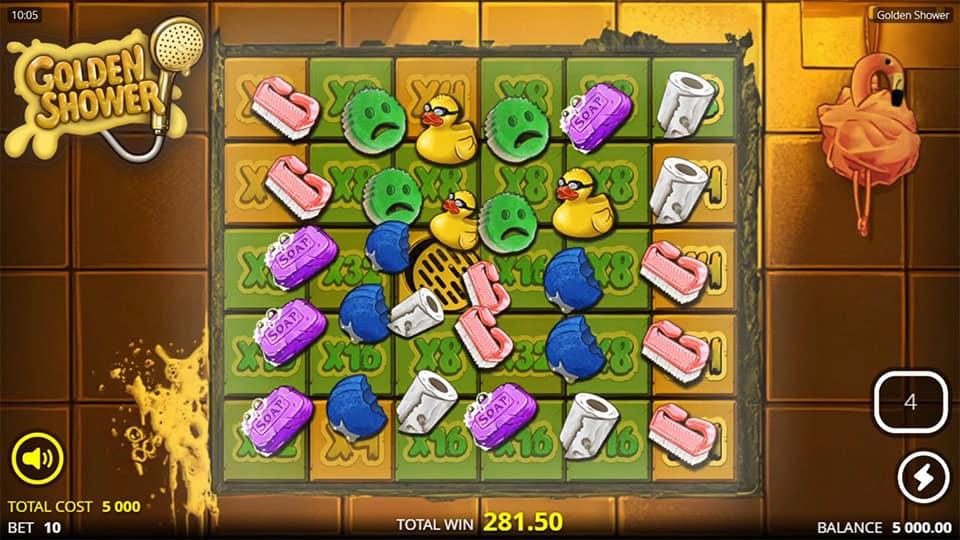 Gameplay showing multiplier tiles like x8 and x16 being revealed under symbols such as ducks, soaps, and toilet paper rolls.