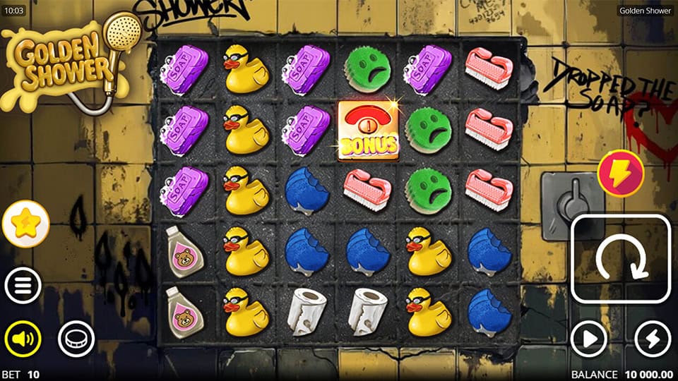Grid packed with quirky bathroom-themed symbols like rubber ducks, soap bars, and toilet rolls, set against a grungy tiled background.