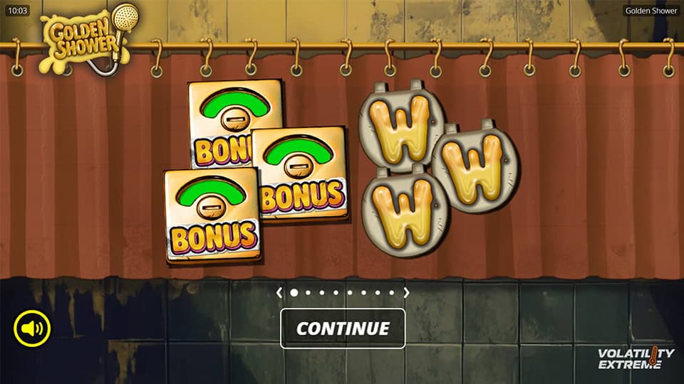 Shower curtain opening to reveal Bonus symbols and golden Wilds, with &ldquo;VOLATILITY EXTREME&rdquo; indicated in the bottom corner.