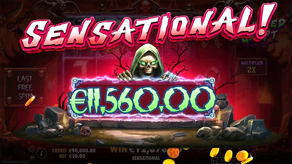 &ldquo;SENSATIONAL!&rdquo; glows in blood-red over a cracked stone slab, with a sinister hooded reaper emerging and coins bursting below.