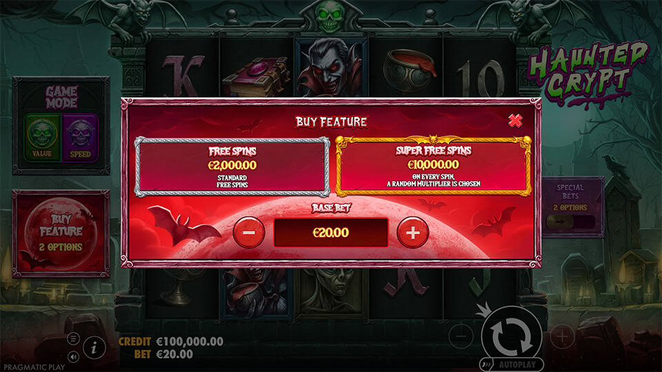 Bonus buy screen offering two modes: standard Free Spins or Super Free Spins, with the latter including a random multiplier mechanic applied to every spin.