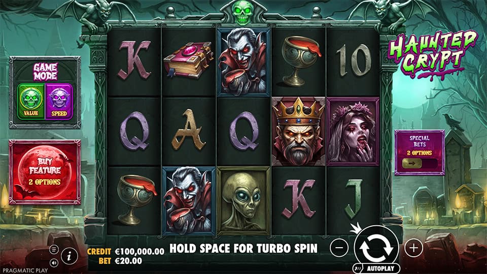 Classic 5x4 reel setup showcasing dark-themed symbols like vampires, goblets, kings, and books, with feature buttons on the left and a haunted graveyard in the background.