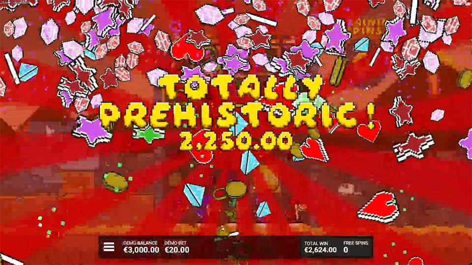 "Totally Prehistoric!" win explosion with pixel coins, gems, and confetti on a red background.