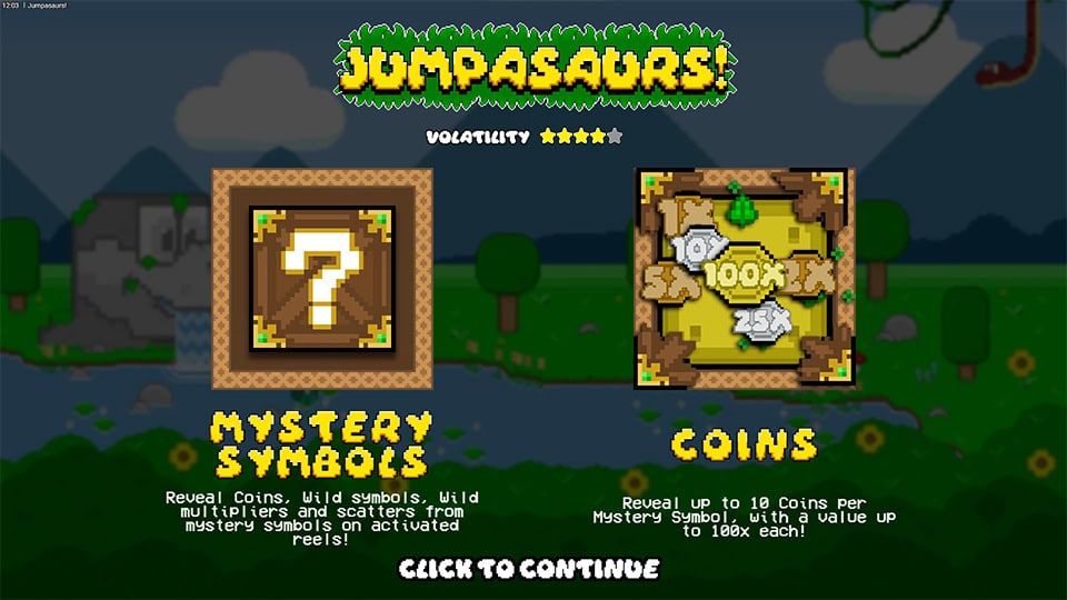 Feature intro showing mystery symbols and coins with up to 100x value.