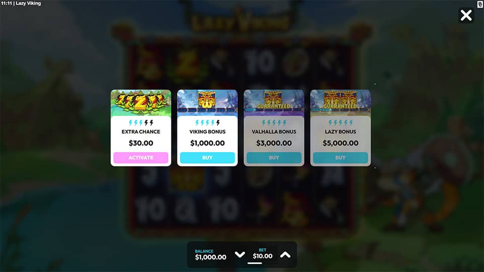 Buy feature screen offering different bonus types including Extra Chance, Viking Bonus, Valhalla Bonus, and Lazy Bonus, each with unique volatility levels.