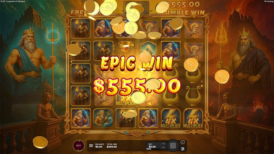 EPIC WIN screen in Legends of Olympus slot with raining coins, highlighted win text, and multipliers on reels.