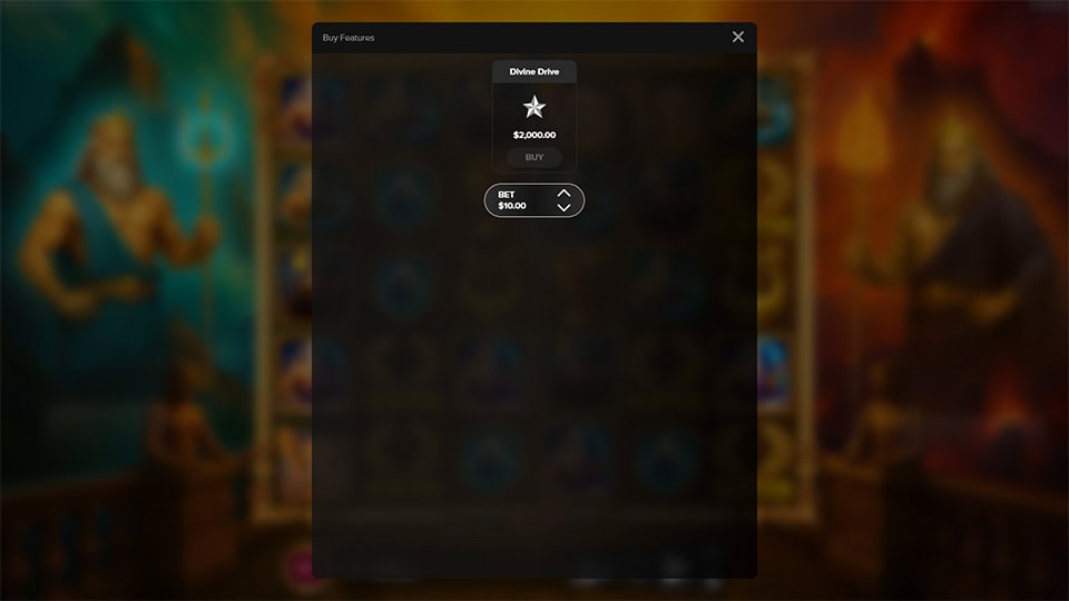Buy feature screen in Legends of Olympus slot offering access to the “Divine Drive” bonus mode with adjustable base bet.
