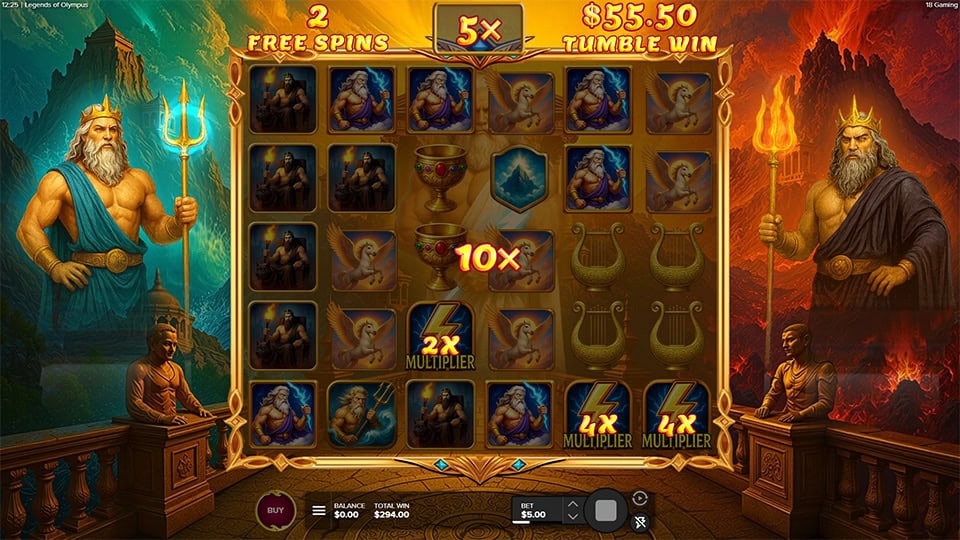 Free Spins round in Legends of Olympus showing multiple lightning Multipliers up to 10x on a tumble win sequence.