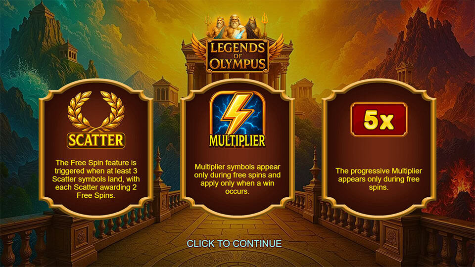 Intro screen of Legends of Olympus slot explaining Free Spins from Scatters, random Multipliers, and progressive win multipliers.