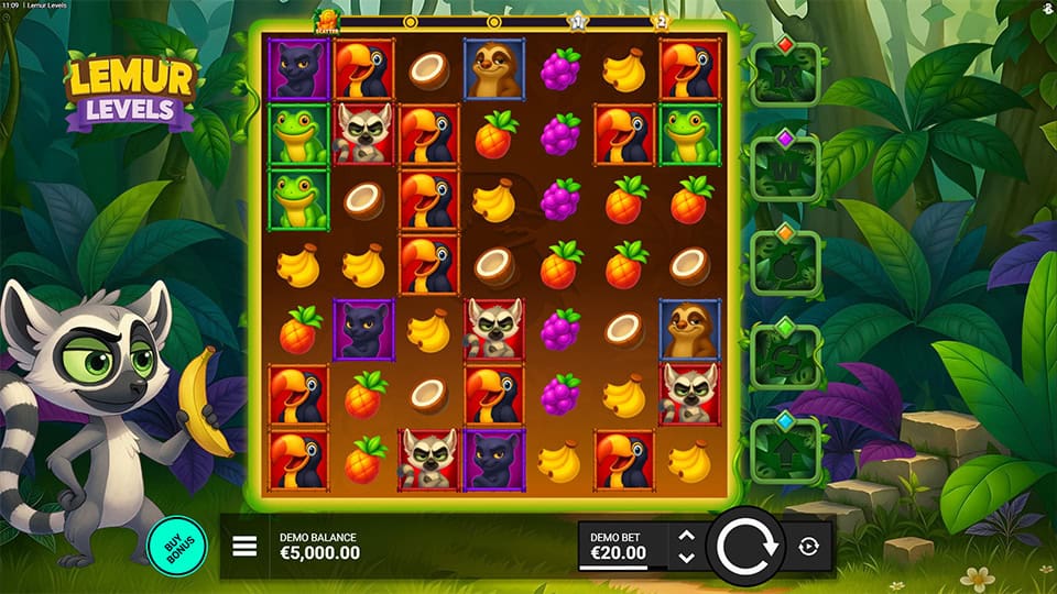 Colorful grid filled with tropical fruits and animals like lemurs, frogs, and toucans, set deep in a vibrant rainforest with power-up icons on the side.