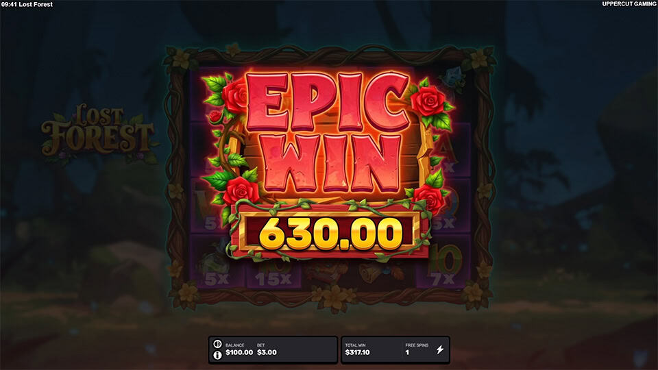 Bold &ldquo;EPIC WIN&rdquo; text in glowing red with roses and vines, appearing over a darkened reel filled with highlighted symbols.
