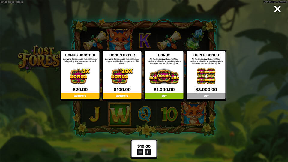Bonus buy screen with four options including Bonus Booster and Super Bonus, featuring persistent multipliers and increasing wild effects.