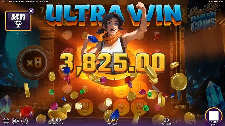 &ldquo;ULTRA WIN&rdquo; text bursts out behind Lucy with arms raised, surrounded by flying coins and gems against a glowing gold coin wall.