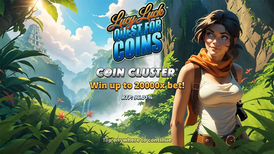 Intro scene with Lucy in the jungle, highlighting the Coin Cluster mechanic and a max win of up to 20,000x.