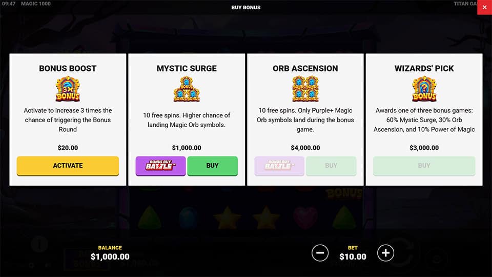 Bonus buy screen offering four modes like Bonus Boost, Mystic Surge, and Orb Ascension, each with different orb drop rates and volatility.