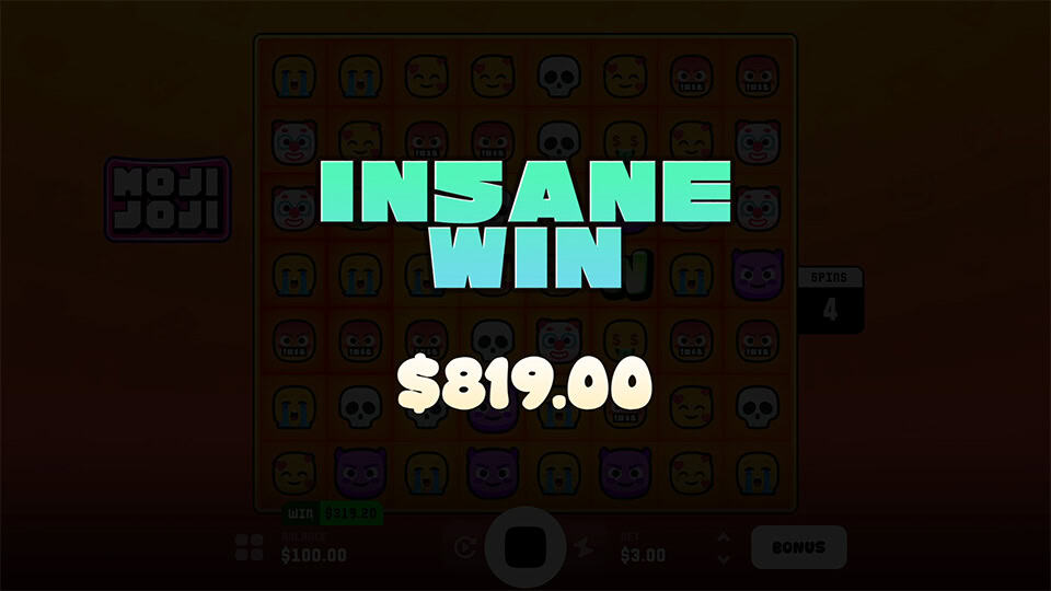 Insane win screen in Moji Joji slot with large glowing text and a blurred emoji board background.