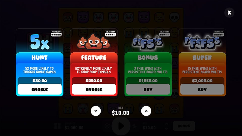 Bonus buy menu in Moji Joji slot offering Hunt, Feature, Bonus, and Super spins options with increasing volatility levels.