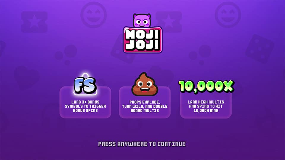 Intro panel for Moji Joji slot explaining bonus symbols, poop explosions that double multipliers, and the 10,000x max win potential.