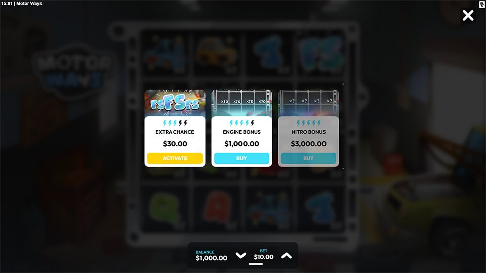 Bonus buy menu in Motor Ways slot offering Extra Chance, Engine Bonus, and Nitro Bonus for enhanced feature access.
