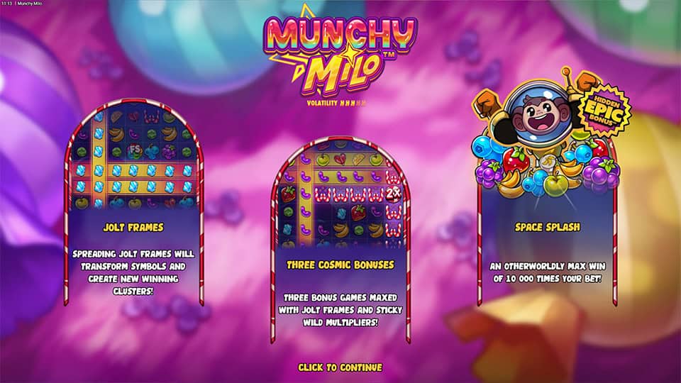 Feature panels highlighting Jolt Frames, Three Cosmic Bonuses and max win up to 10,000x in a vibrant candy universe.
