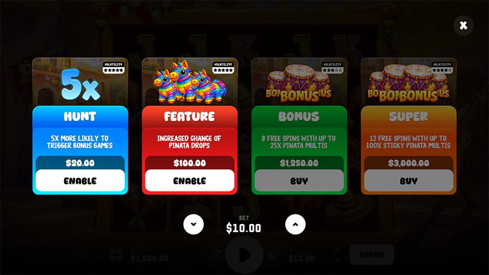 Bonus menu offering multiple purchase choices including piñata features, extra free spins, and increased bonus trigger chances.
