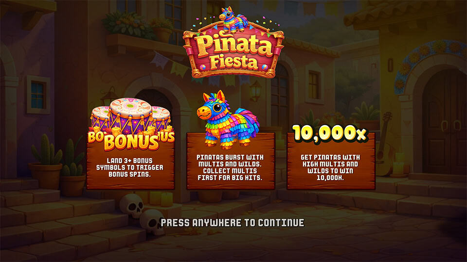 Welcome screen with feature highlights including piñatas, bonus triggers, and a 10,000x max win, set in a cozy festive alleyway.